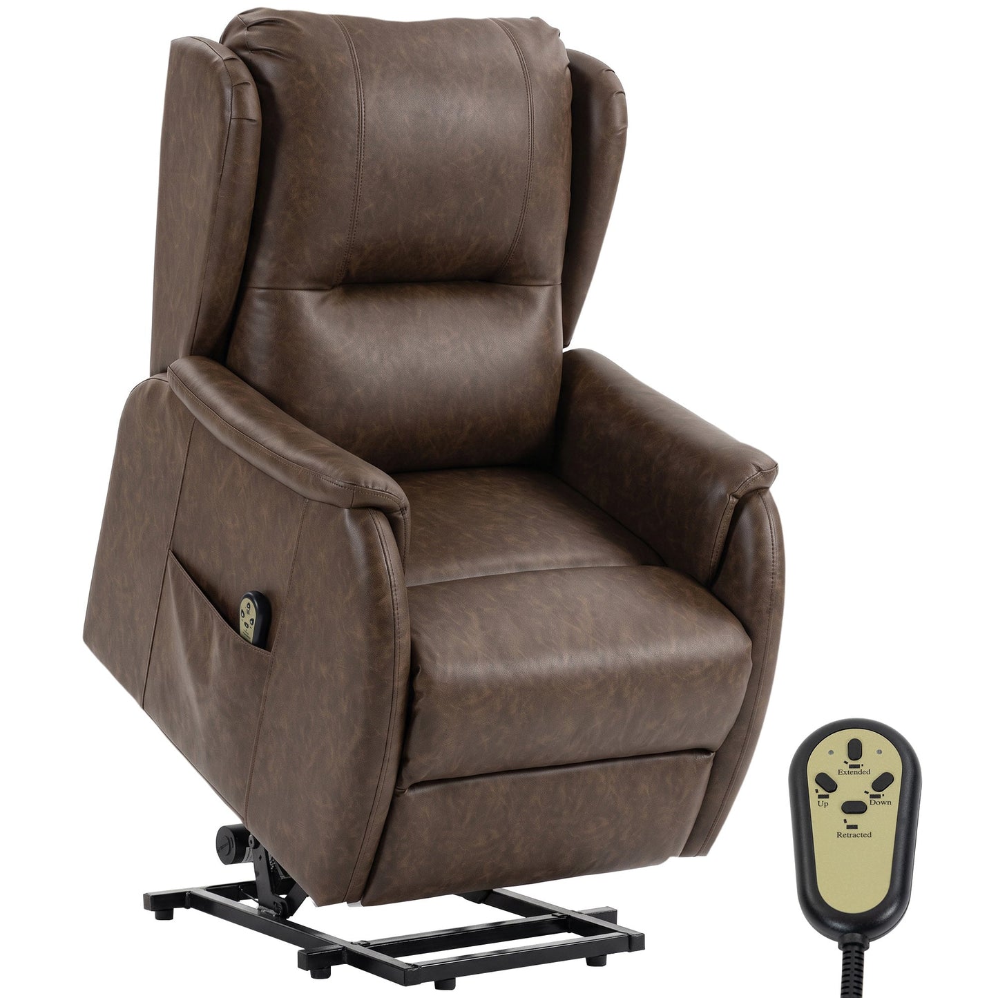 Dual Motor Power Lift Recliner Chair, Electric Lift Chair for Elderly, Faux Leather Riser and Reclining Armchair with Remote Control, Side Pockets, for Living Room, Brown