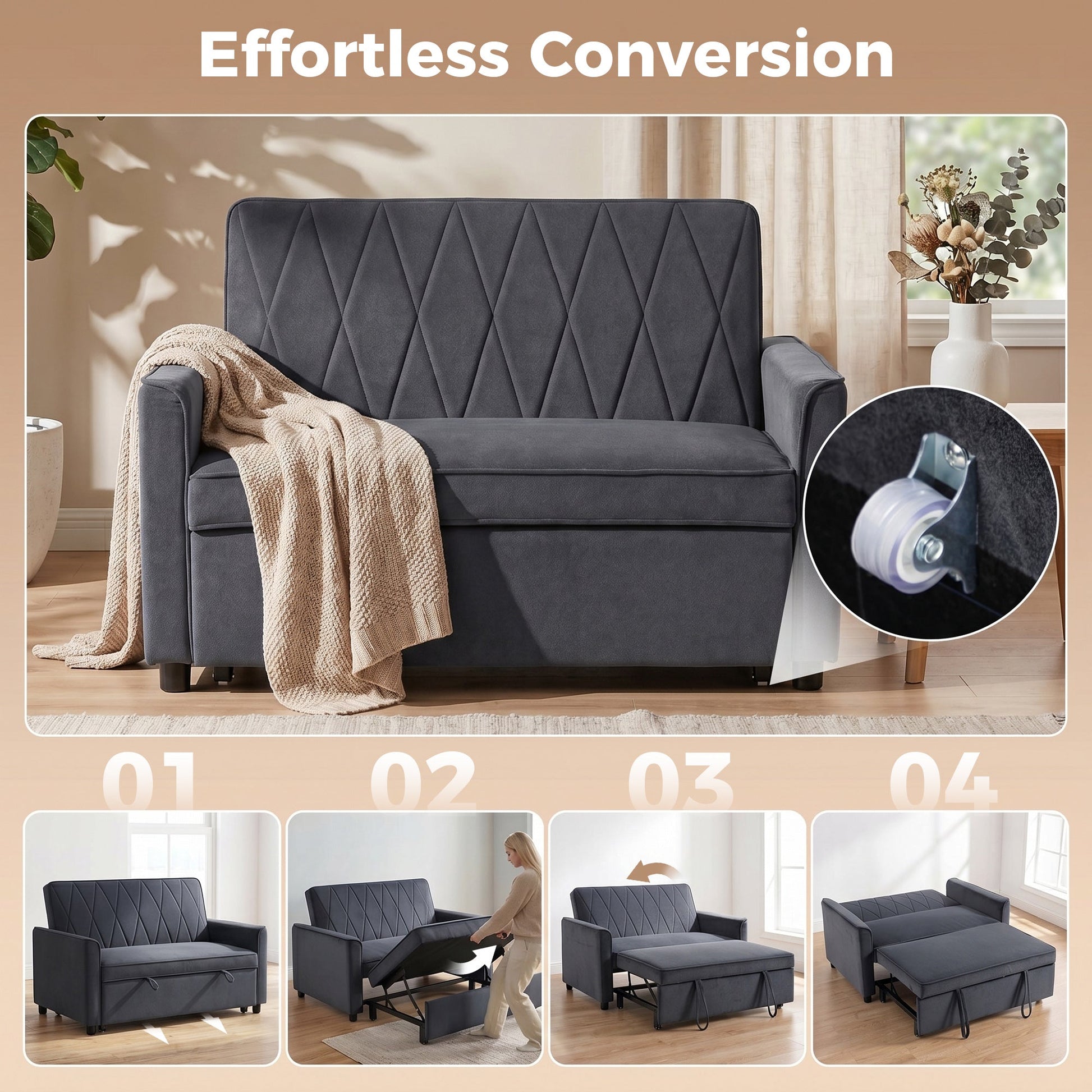 2 Seater Sofa Bed, 3-in-1 Convertible Pull Out Sleeper Sofa, Velvet Loveseat Bed Settee with Clik-Clack Adjustable Backrest, High-Density Foam for Living Room, Bedroom, Guest Room, Dark Grey