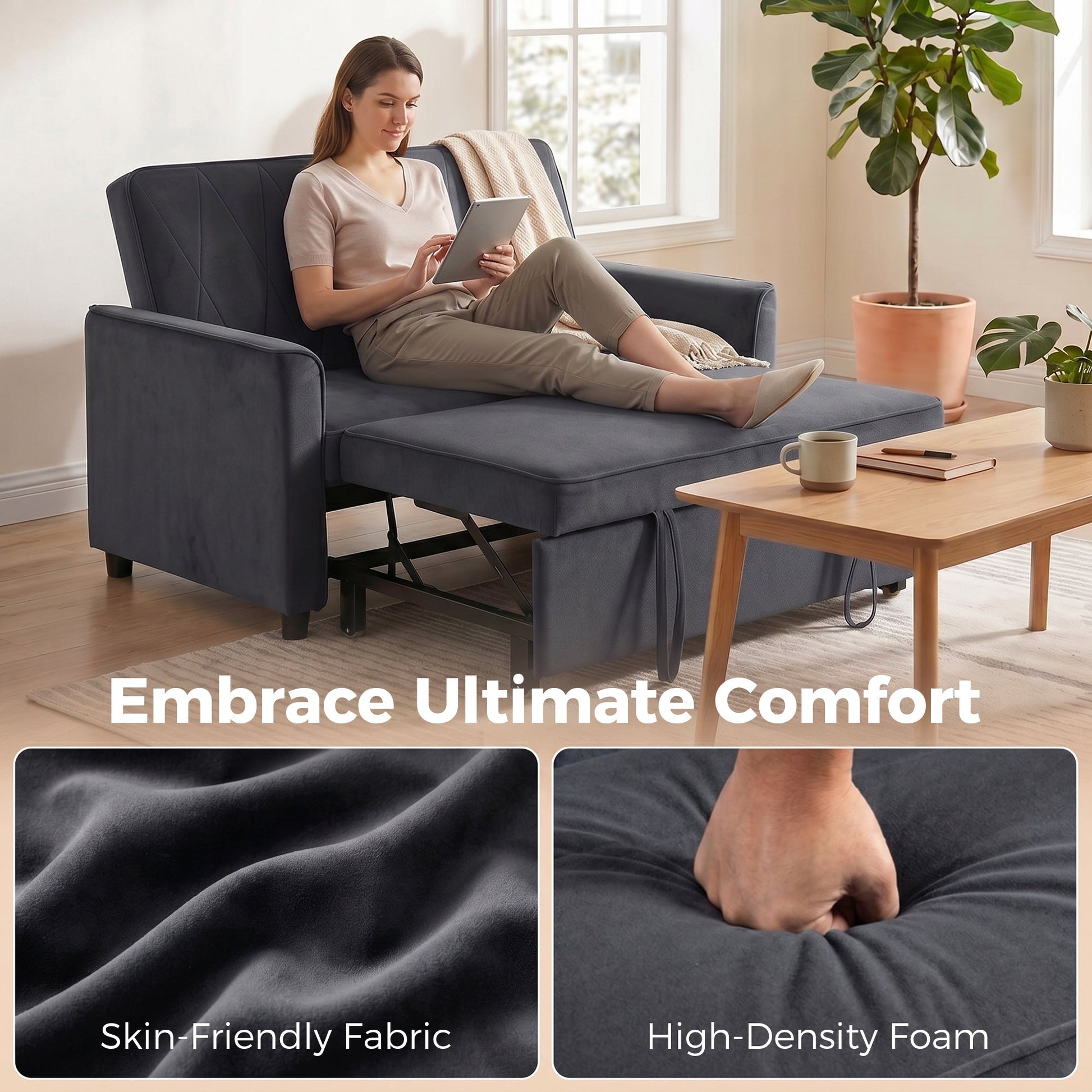 2 Seater Sofa Bed, 3-in-1 Convertible Pull Out Sleeper Sofa, Velvet Loveseat Bed Settee with Clik-Clack Adjustable Backrest, High-Density Foam for Living Room, Bedroom, Guest Room, Dark Grey