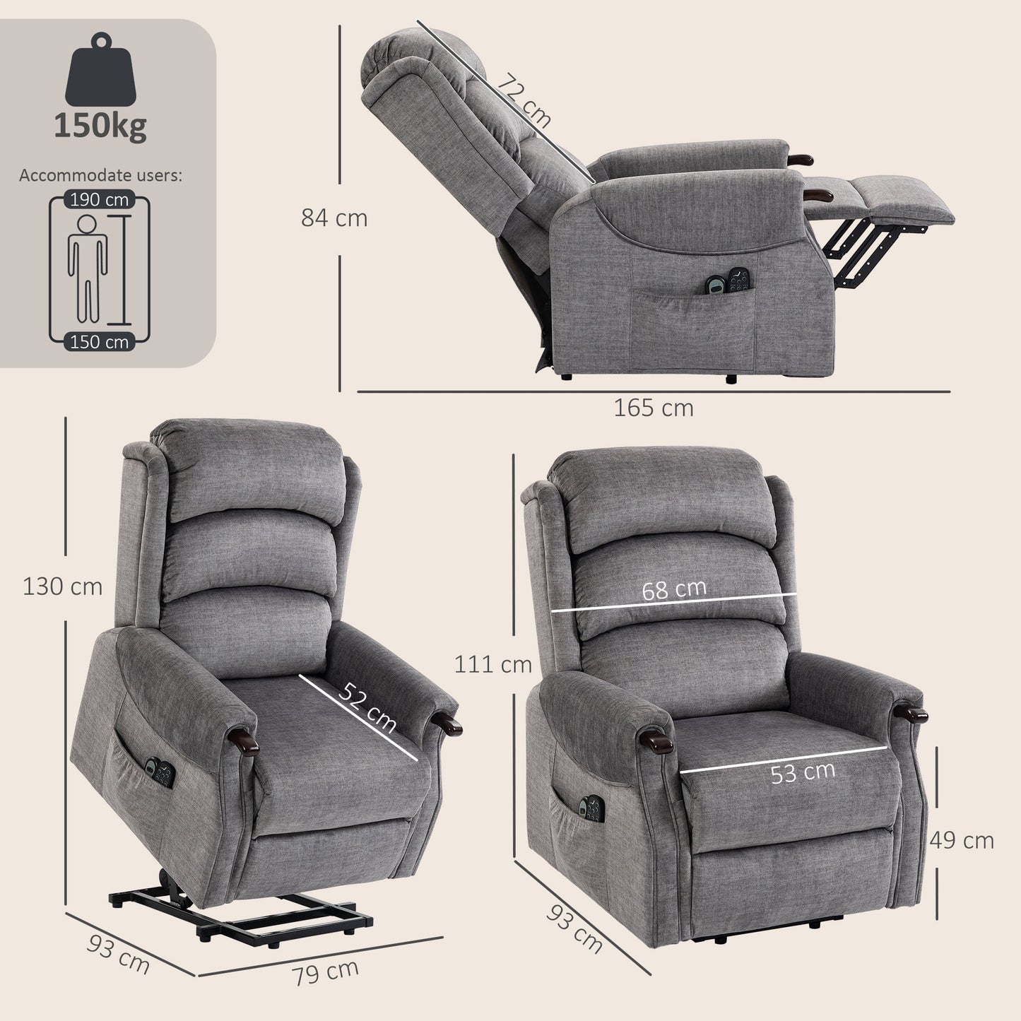 Power Lift Recliner Chair with Vibration Massage and Heat, Electric Lift Chair with Wood Grip, Pocket Spring, Fabric Riser and Reclining Armchair with Remote, Quick Assembly, Light Grey