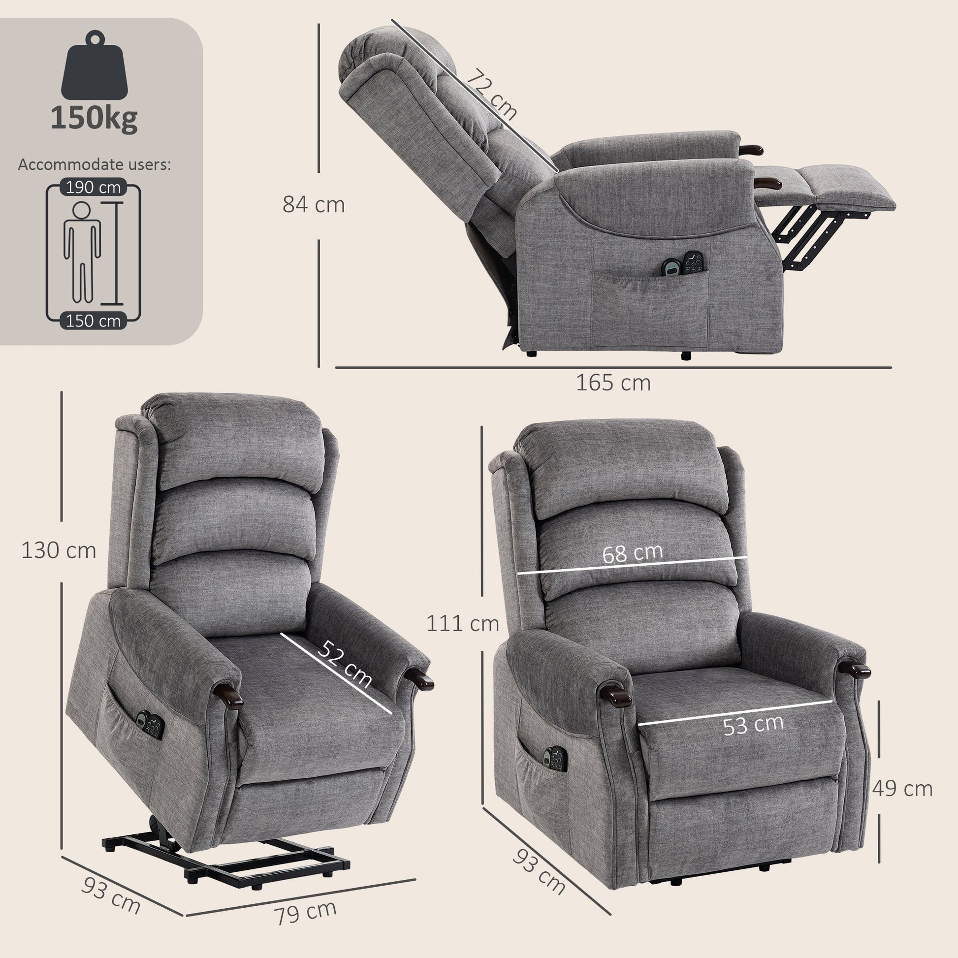 Power Lift Recliner Chair with Vibration Massage and Heat, Electric Lift Chair with Wood Grip, Pocket Spring, Fabric Riser and Reclining Armchair with Remote, Quick Assembly, Light Grey
