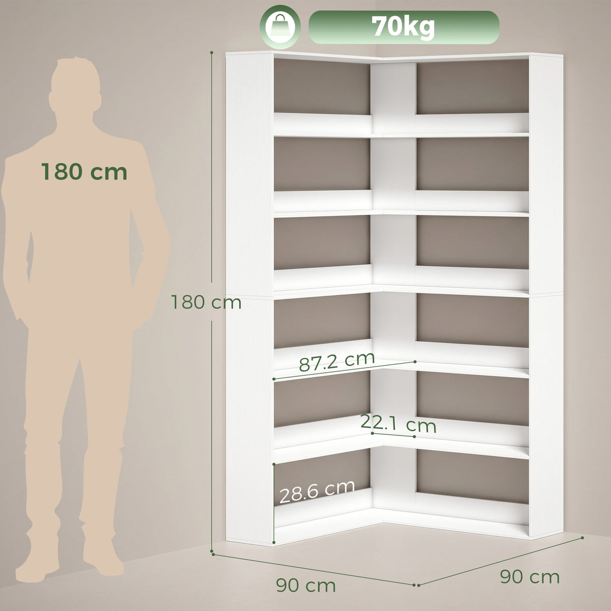 7 Tiers Corner Bookshelf, L-Shaped Bookcase with Anti-Slip Rear Guard, Storage Shelves for Living Room, Bedroom and Home Office, 90W x 90D x 180H cm, White Wood Effect