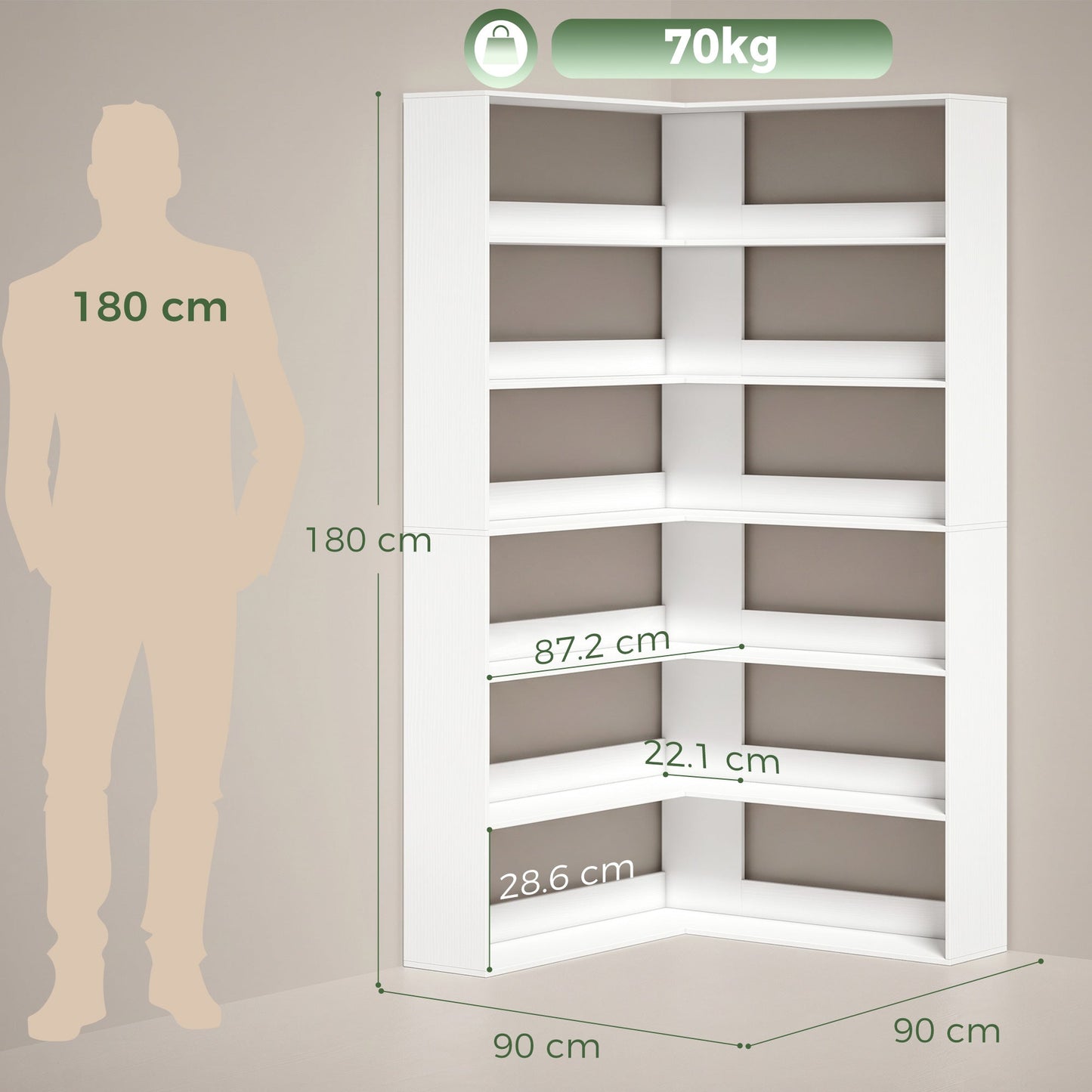 7 Tiers Corner Bookshelf, L-Shaped Bookcase with Anti-Slip Rear Guard, Storage Shelves for Living Room, Bedroom and Home Office, 90W x 90D x 180H cm, White Wood Effect
