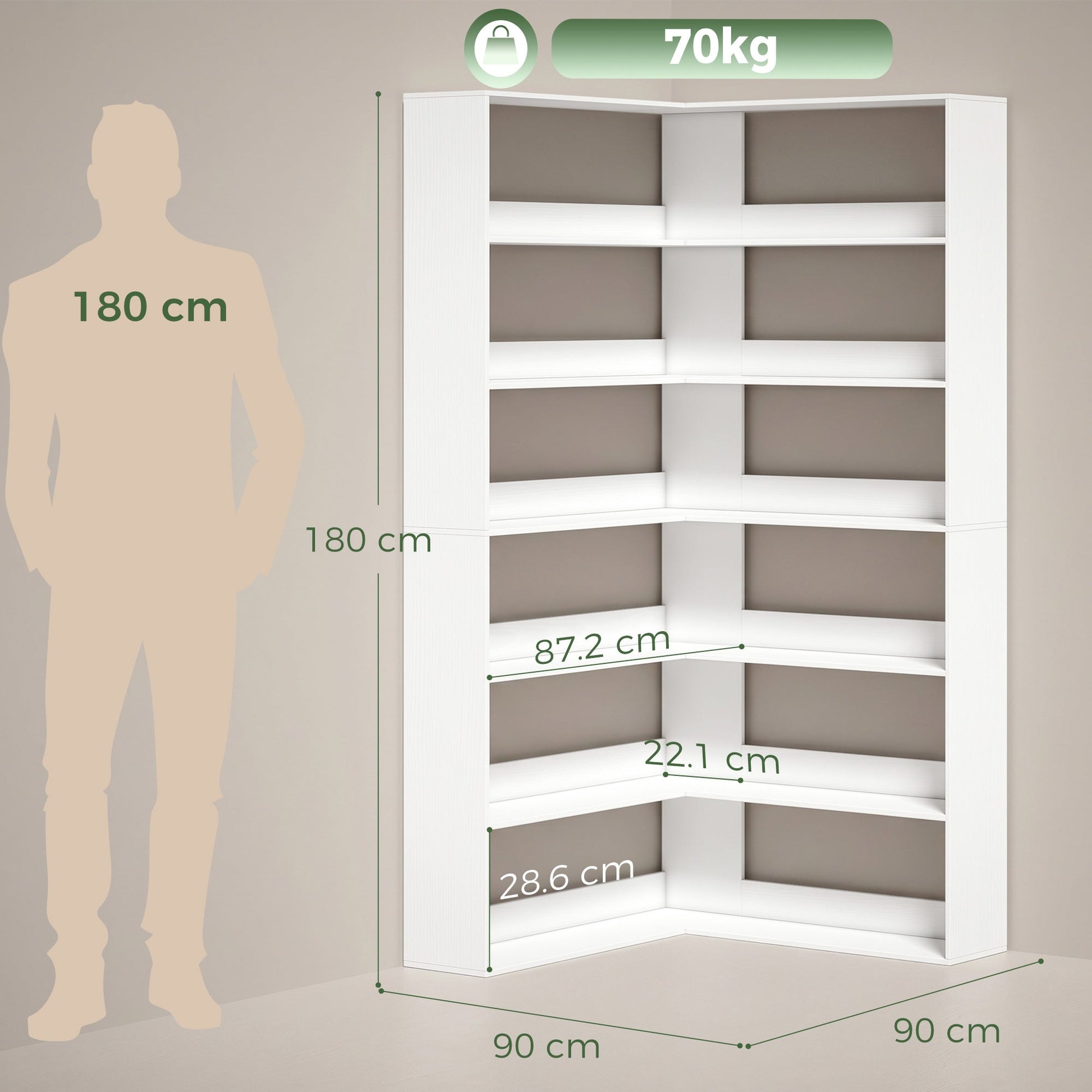 7 Tiers Corner Bookshelf, L-Shaped Bookcase with Anti-Slip Rear Guard, Storage Shelves for Living Room, Bedroom and Home Office, 90W x 90D x 180H cm, White Wood Effect