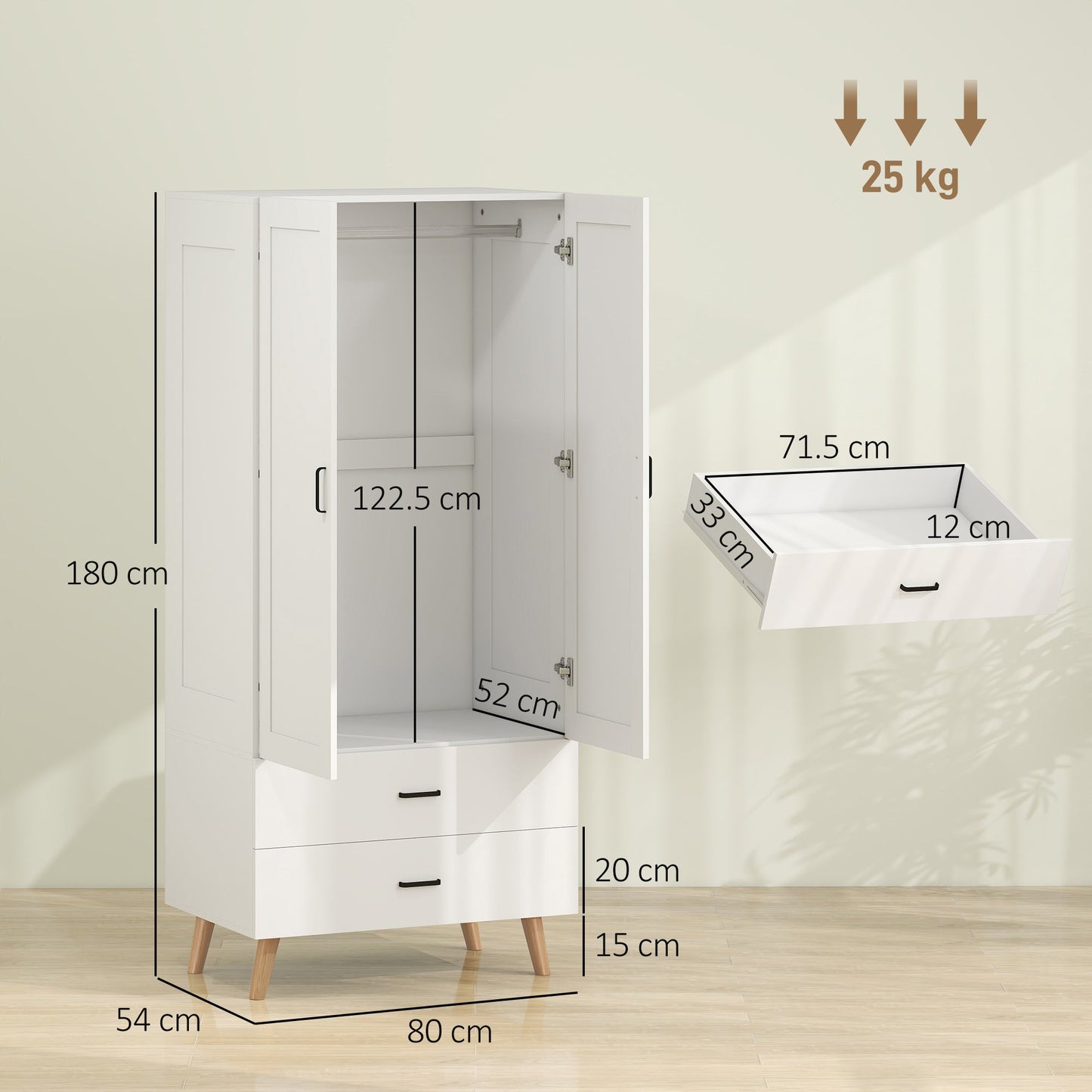 2-Door Wardrobe, Modern Deep Wardrobe with 2 Drawers and Hanging Rail for Bedroom, Flats, 80 x 54 x 180 cm, White
