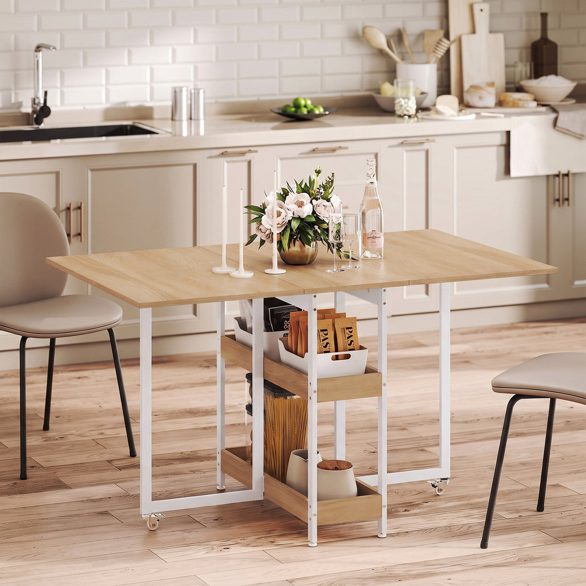 Folding Dining Table for 4, Space-Saving Drop-Leaf Kitchen Table with Storage Shelves and Wheels for Small Spaces, Dining Room or Kitchen, Natural
