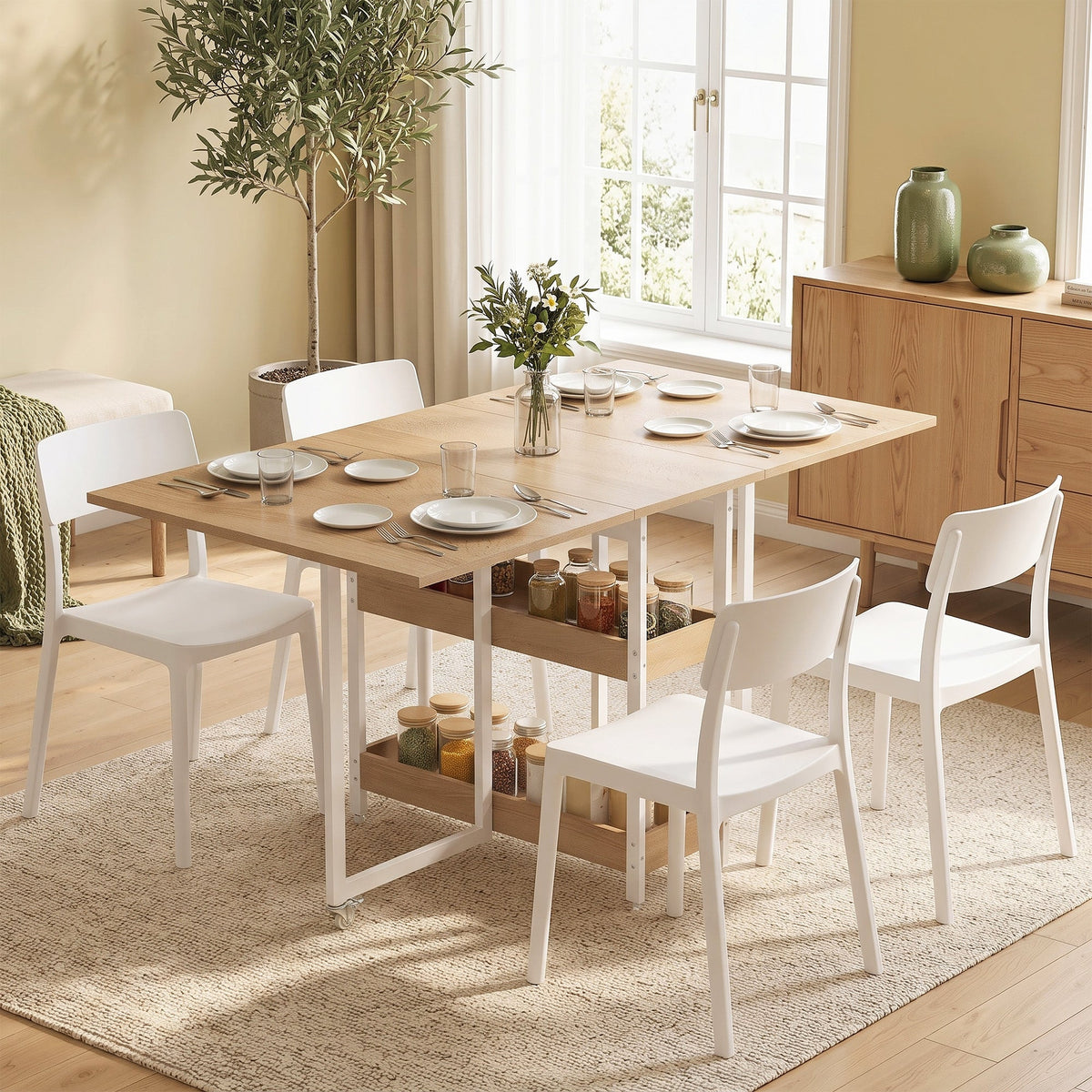 Folding Dining Table for 4, Space-Saving Drop-Leaf Kitchen Table with Storage Shelves and Wheels for Small Spaces, Dining Room or Kitchen, Natural