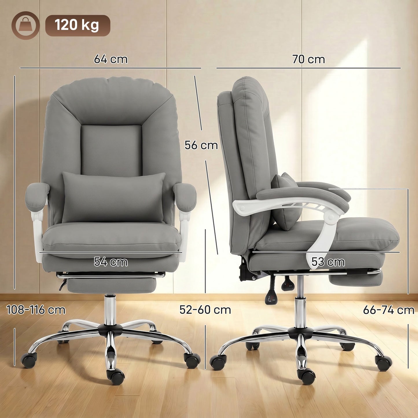 Ergonomic Executive Office Chair, Velvet Reclining Computer Desk Chair with Lumbar Support, Footrest, Plush Thick Cushion, 360° Swivel for Home Office, Grey
