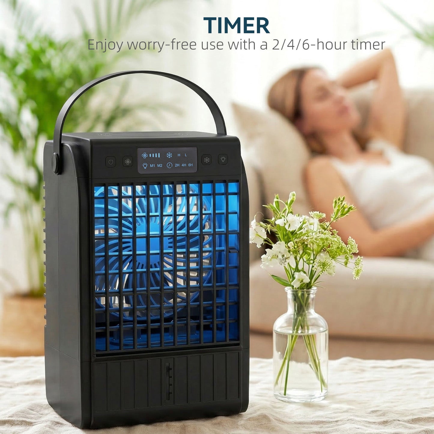 Portable Air Conditioner, 4-in-1 Mini Air Cooler with 4 Wind Speed, 2 Mist Mode, RGB 7 LED Light, 1500ml Water Tank, 2-6H Timer, Small Cooling Fan for Home, Office, Bedroom, Black