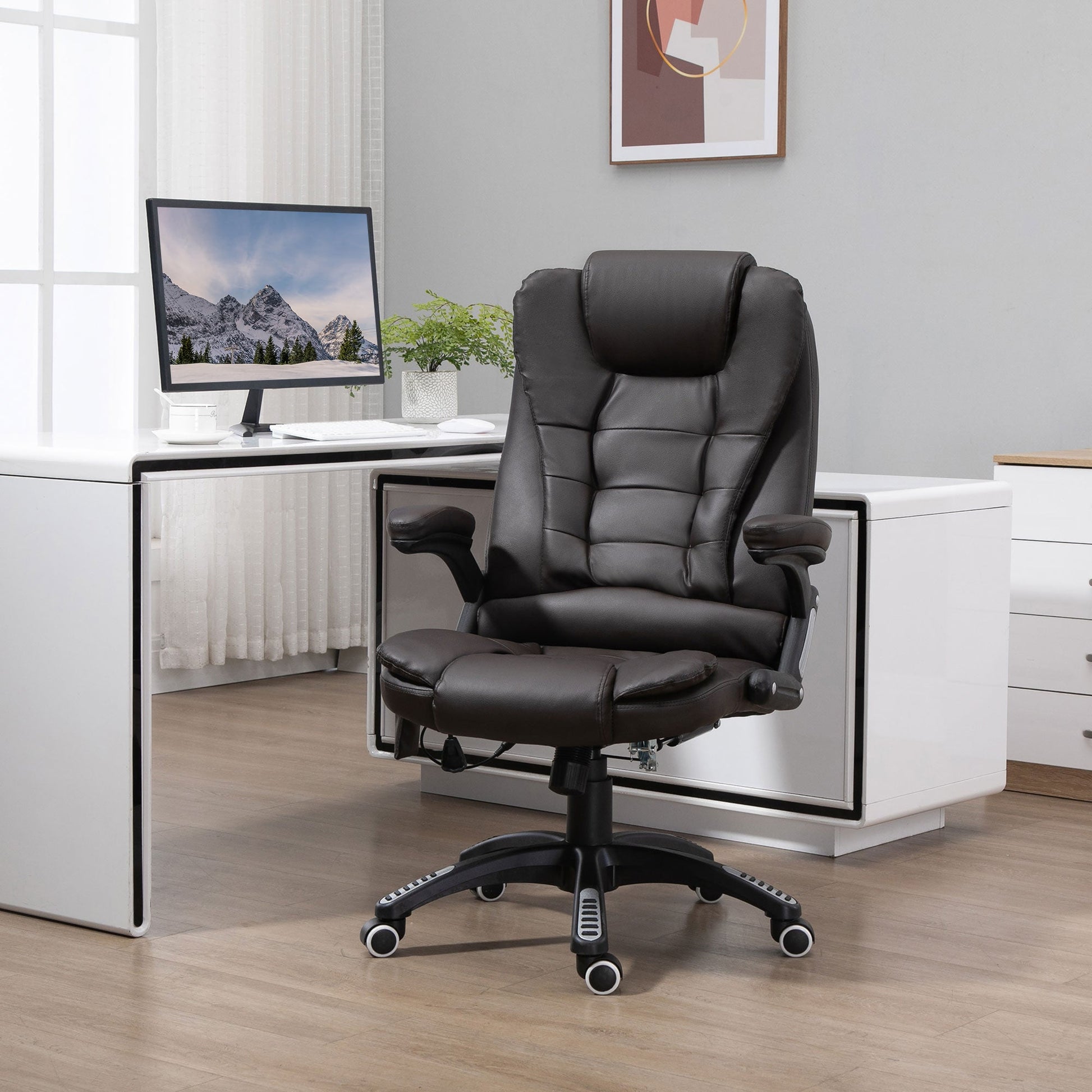 HOMCOM Executive Office Chair with Massage and Heat, High Back PU Leather Massage Office Chair with Adjustable Height, Brown