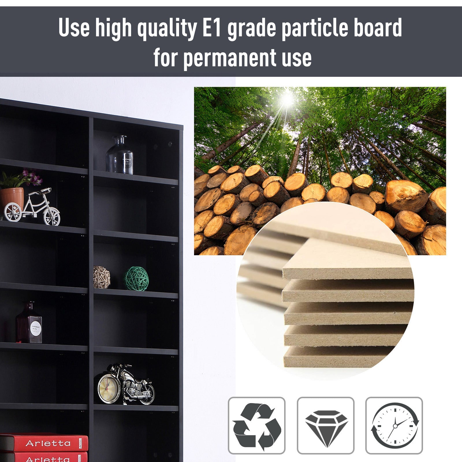 1116 CD/ 528 DVD Storage Unit, Media Storage Shelf, Wooden Display Unit with Adjustable Shelves, 102 x 195 cm, Black