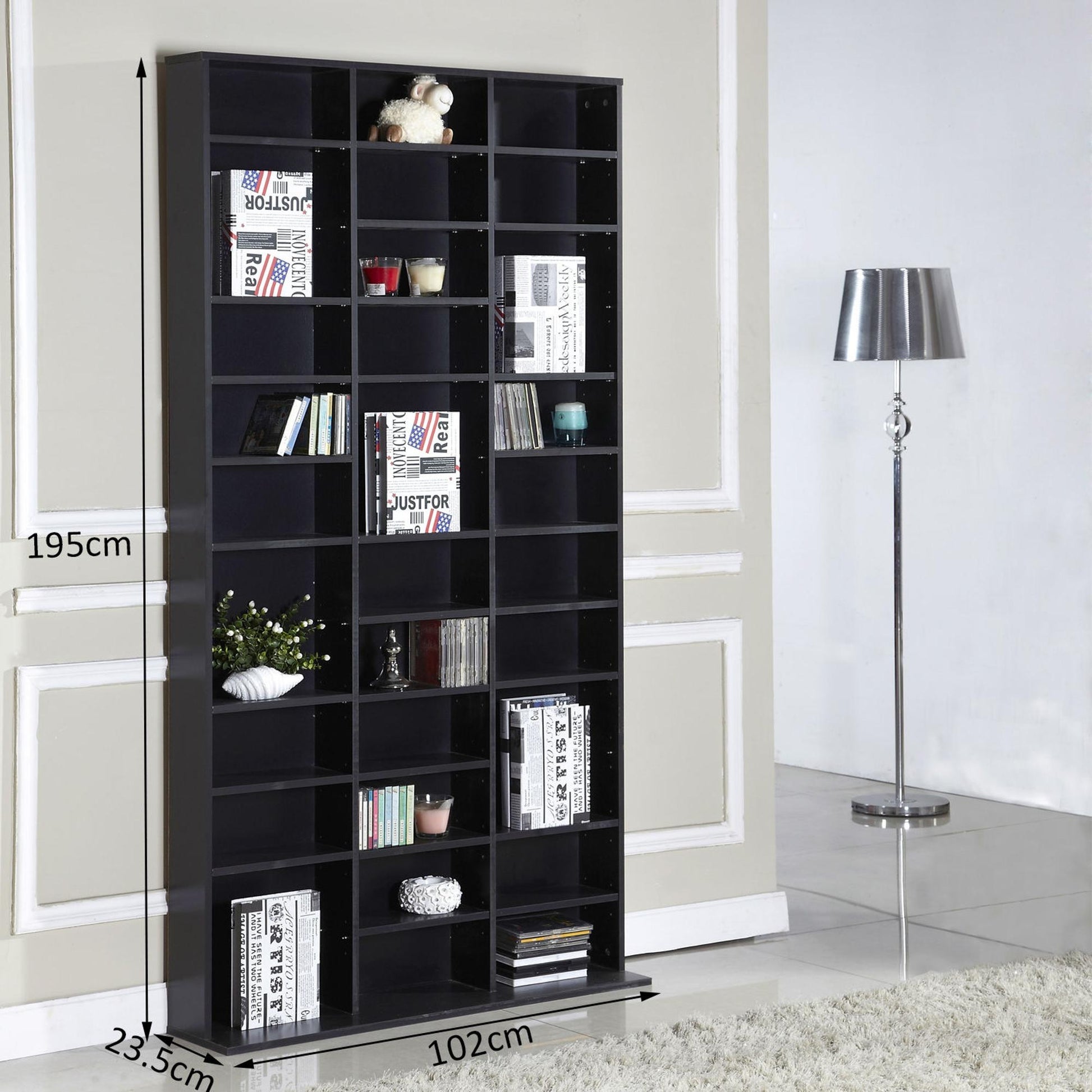 1116 CD/ 528 DVD Storage Unit, Media Storage Shelf, Wooden Display Unit with Adjustable Shelves, 102 x 195 cm, Black