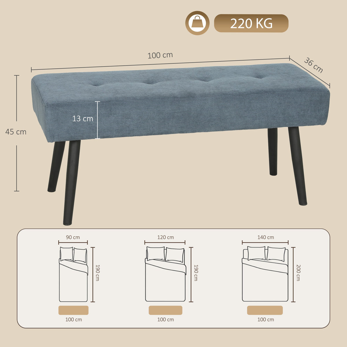End of Bed Bench, Corduroy Bedroom Bench with Thick Padding and Steel Legs, Tufted Window Seat for Entryway, Living Room, Blue