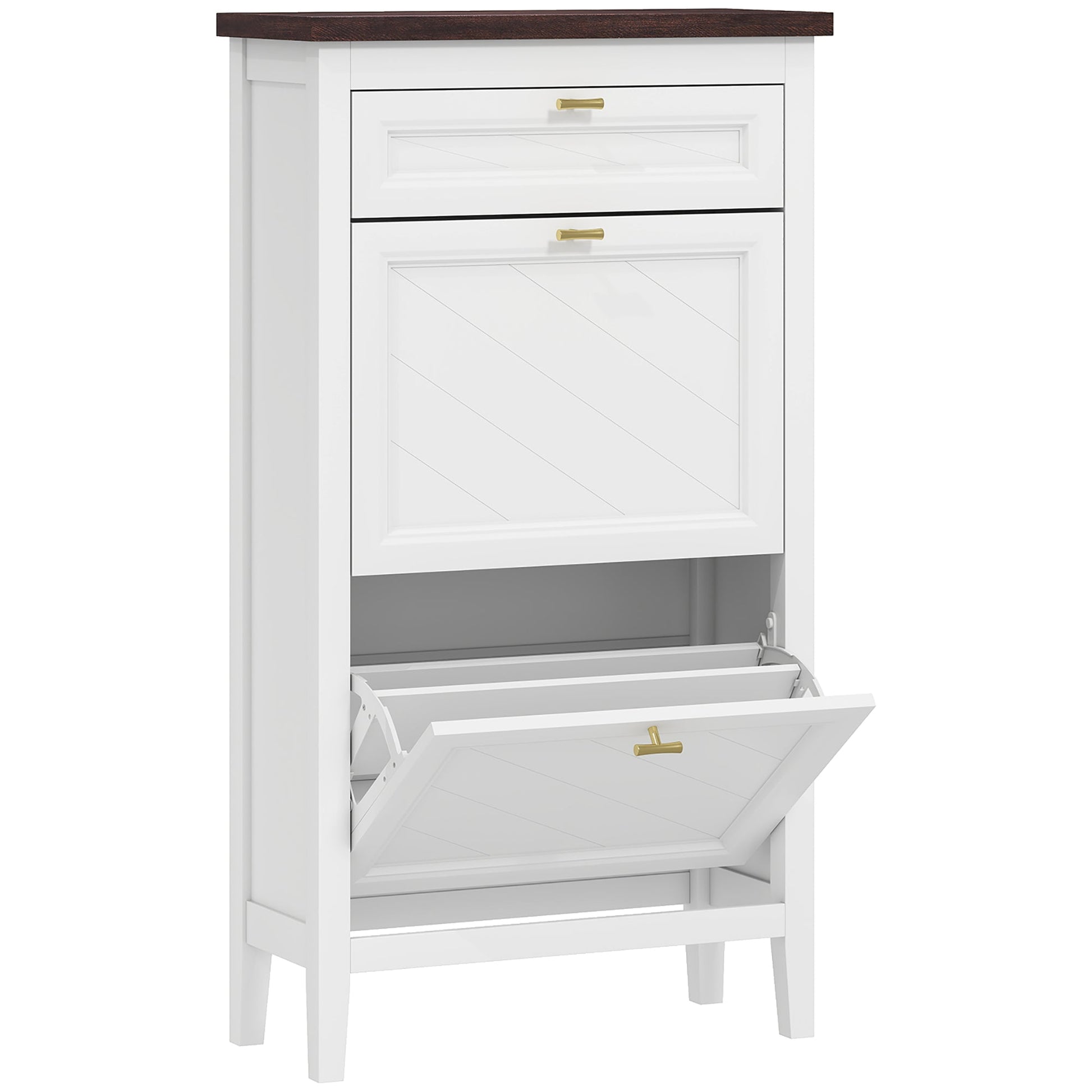 Shoe Cabinet with 2 Flip Drawers, Farmhouse Narrow Shoe Storage Cabinet with Adjustable Shelves, Storage Drawer, Freestanding for Entryway, Hallway, Living Room, Holds 8-12 Pairs, White