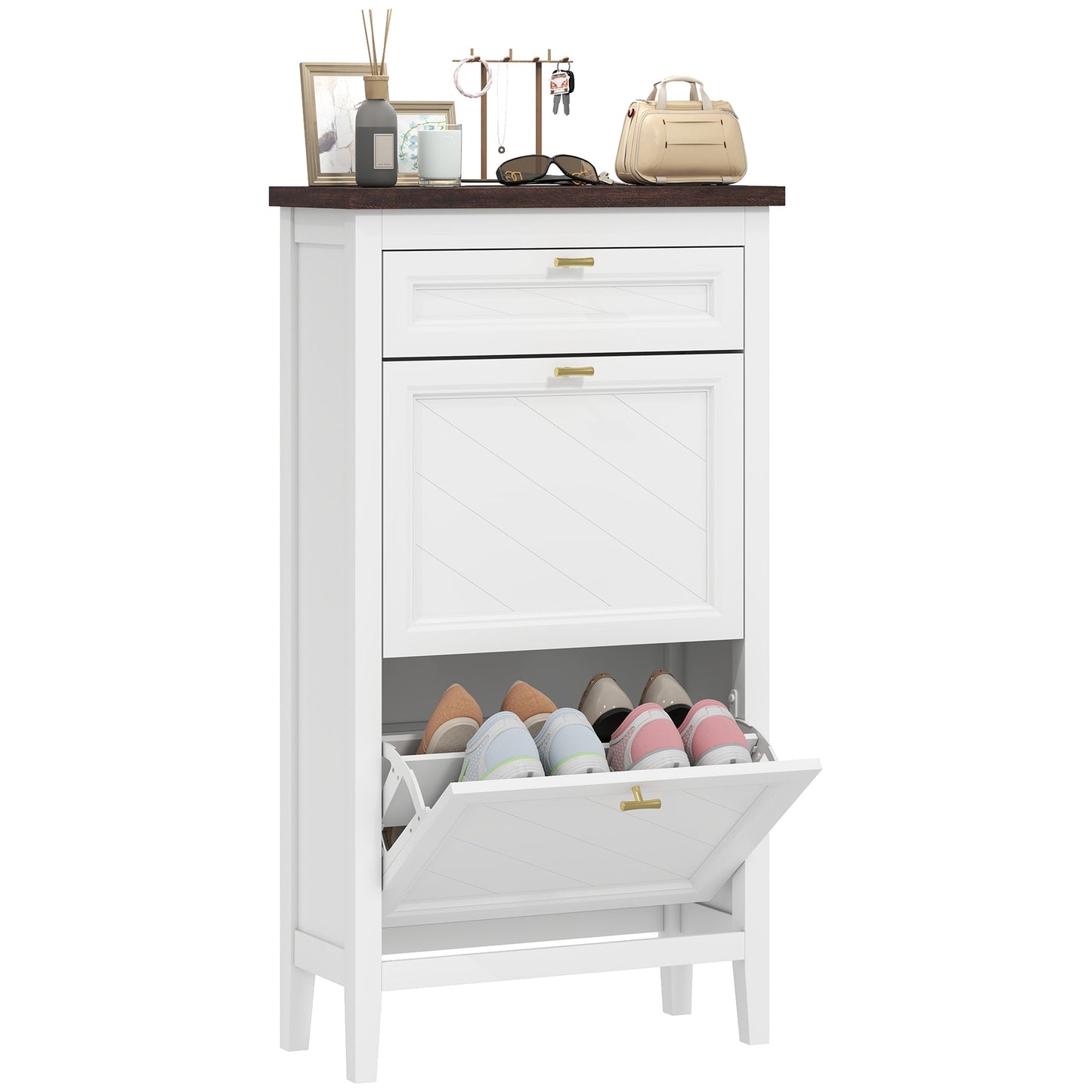 Shoe Cabinet with 2 Flip Drawers, Farmhouse Narrow Shoe Storage Cabinet with Adjustable Shelves, Storage Drawer, Freestanding for Entryway, Hallway, Living Room, Holds 8-12 Pairs, White