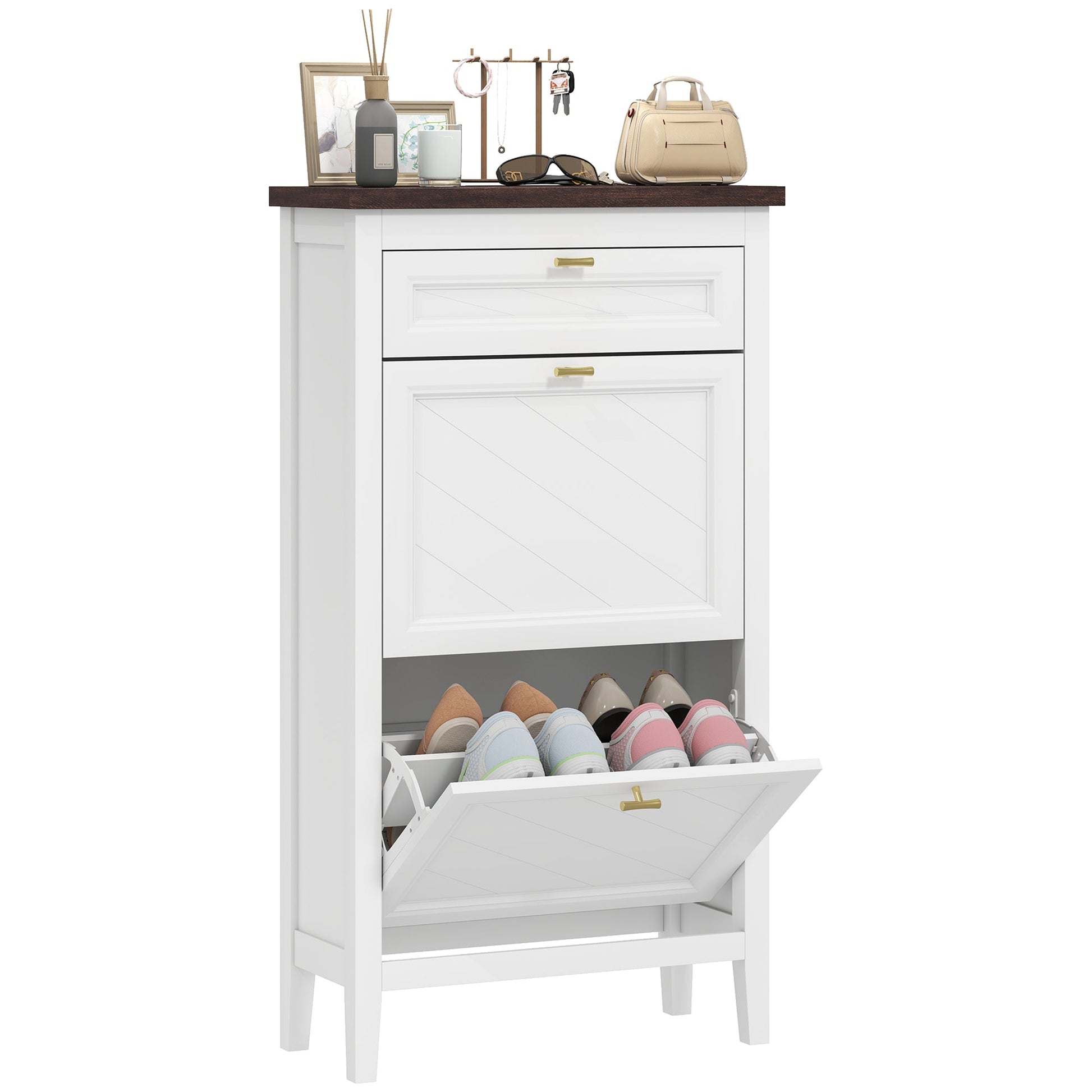 Shoe Cabinet with 2 Flip Drawers, Farmhouse Narrow Shoe Storage Cabinet with Adjustable Shelves, Storage Drawer, Freestanding for Entryway, Hallway, Living Room, Holds 8-12 Pairs, White