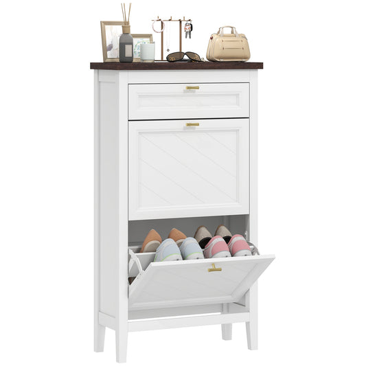 Shoe Cabinet with 2 Flip Drawers, Farmhouse Narrow Shoe Storage Cabinet with Adjustable Shelves, Storage Drawer, Freestanding for Entryway, Hallway, Living Room, Holds 8-12 Pairs, White