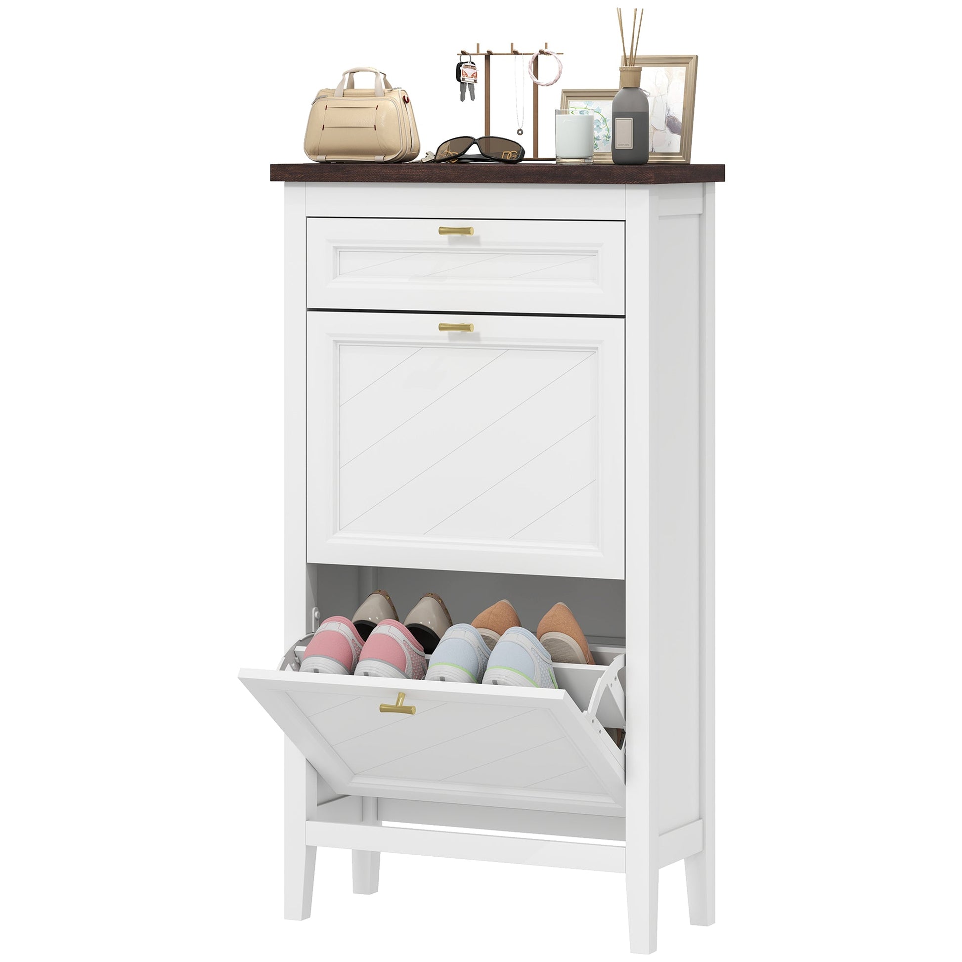 Shoe Cabinet with 2 Flip Drawers, Farmhouse Narrow Shoe Storage Cabinet with Adjustable Shelves, Storage Drawer, Freestanding for Entryway, Hallway, Living Room, Holds 8-12 Pairs, White