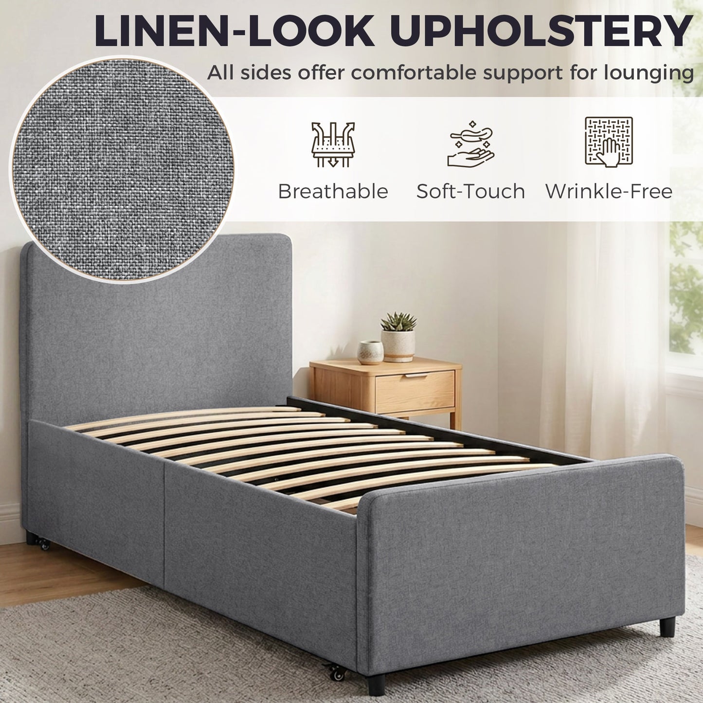 3ft Single Bed Frame with Trundle, Upholstered Pull Out Trundle Bed with Headboard and Footboard for Adults & Teenagers, 90 x 190 cm, No Mattress, Dark Grey