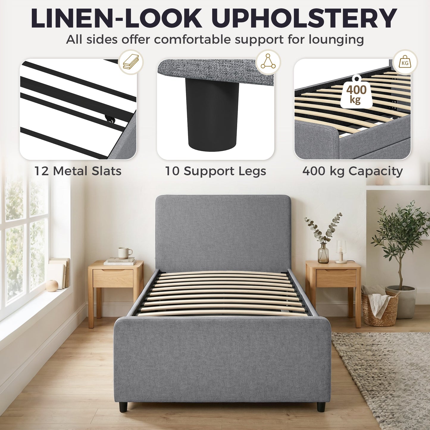 3ft Single Bed Frame with Trundle, Upholstered Pull Out Trundle Bed with Headboard and Footboard for Adults & Teenagers, 90 x 190 cm, No Mattress, Dark Grey