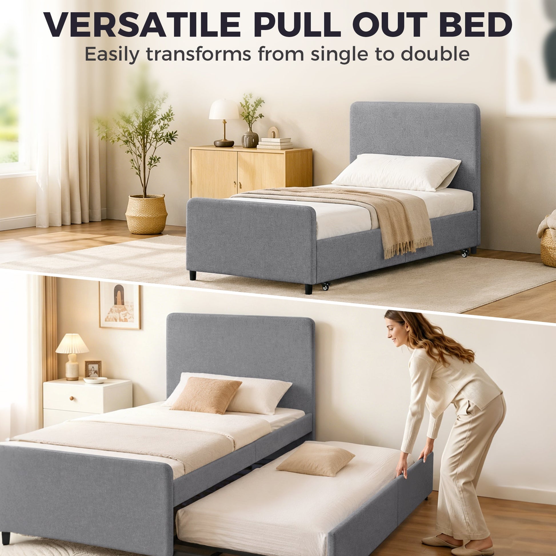 3ft Single Bed Frame with Trundle, Upholstered Pull Out Trundle Bed with Headboard and Footboard for Adults & Teenagers, 90 x 190 cm, No Mattress, Dark Grey