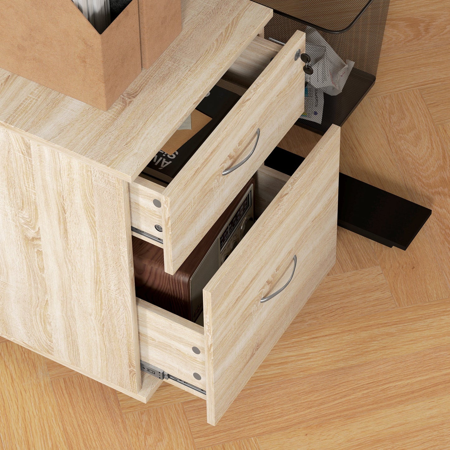 HOMCOM 2 Drawer Lockable Filing Cabinet with Wheels, Mobile Filing Cabinet for Home Office, Small Printer Stand, Oak Wood Grain