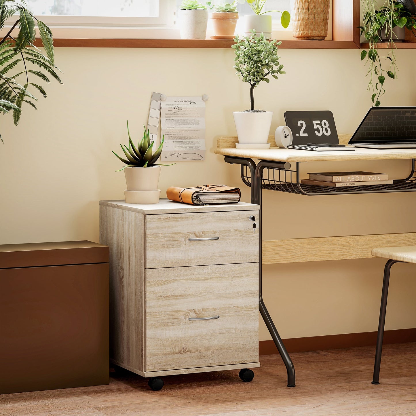 HOMCOM 2 Drawer Lockable Filing Cabinet with Wheels, Mobile Filing Cabinet for Home Office, Small Printer Stand, Oak Wood Grain