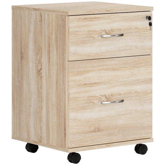 HOMCOM 2 Drawer Lockable Filing Cabinet with Wheels, Mobile Filing Cabinet for Home Office, Small Printer Stand, Oak Wood Grain