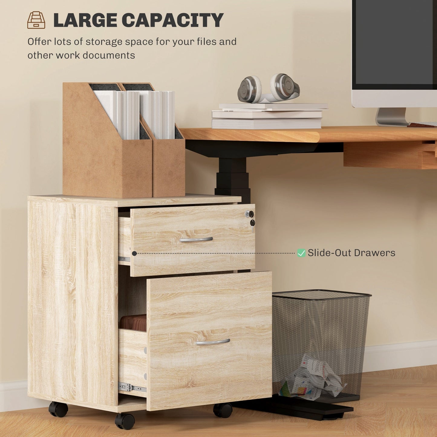 HOMCOM 2 Drawer Lockable Filing Cabinet with Wheels, Mobile Filing Cabinet for Home Office, Small Printer Stand, Oak Wood Grain