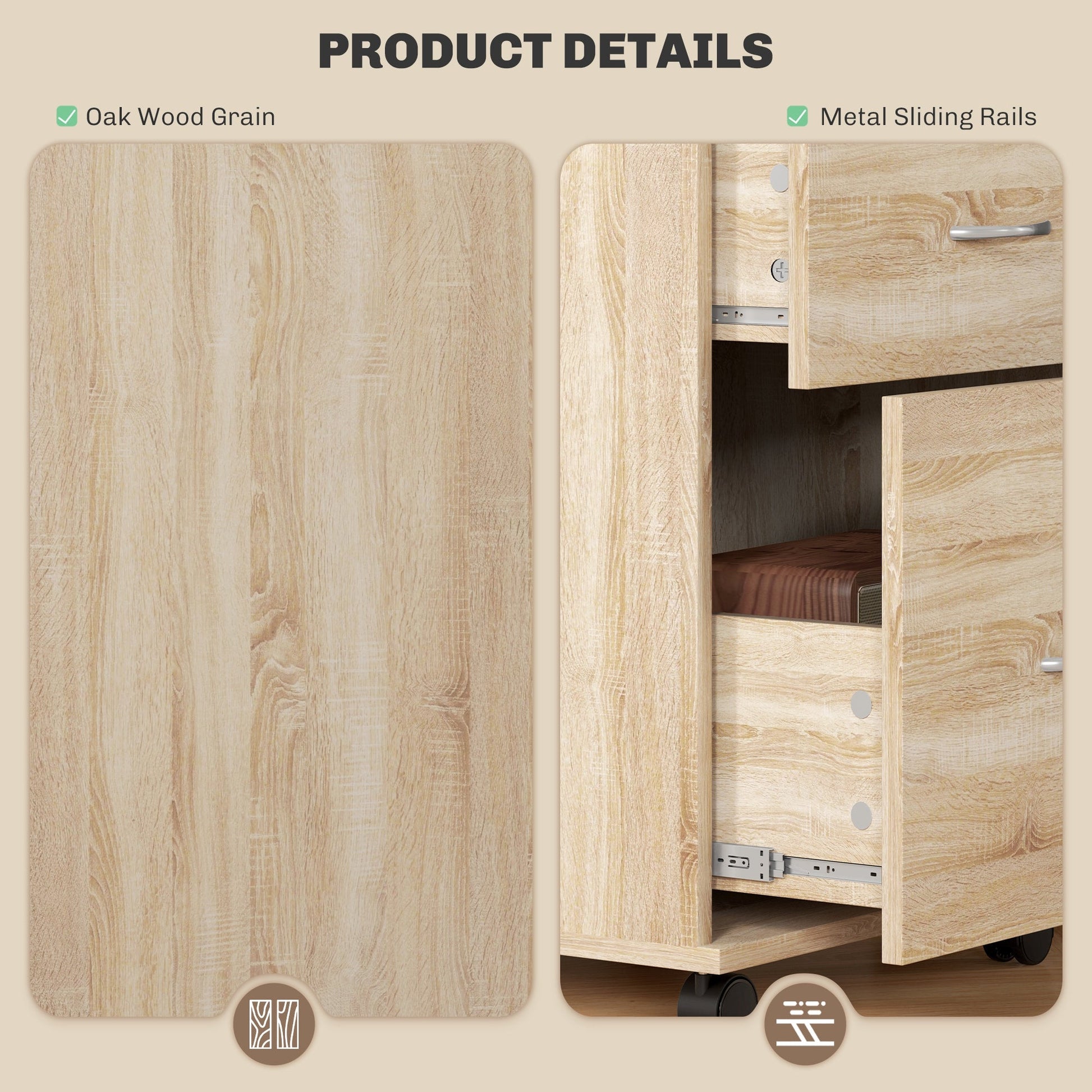 HOMCOM 2 Drawer Lockable Filing Cabinet with Wheels, Mobile Filing Cabinet for Home Office, Small Printer Stand, Oak Wood Grain