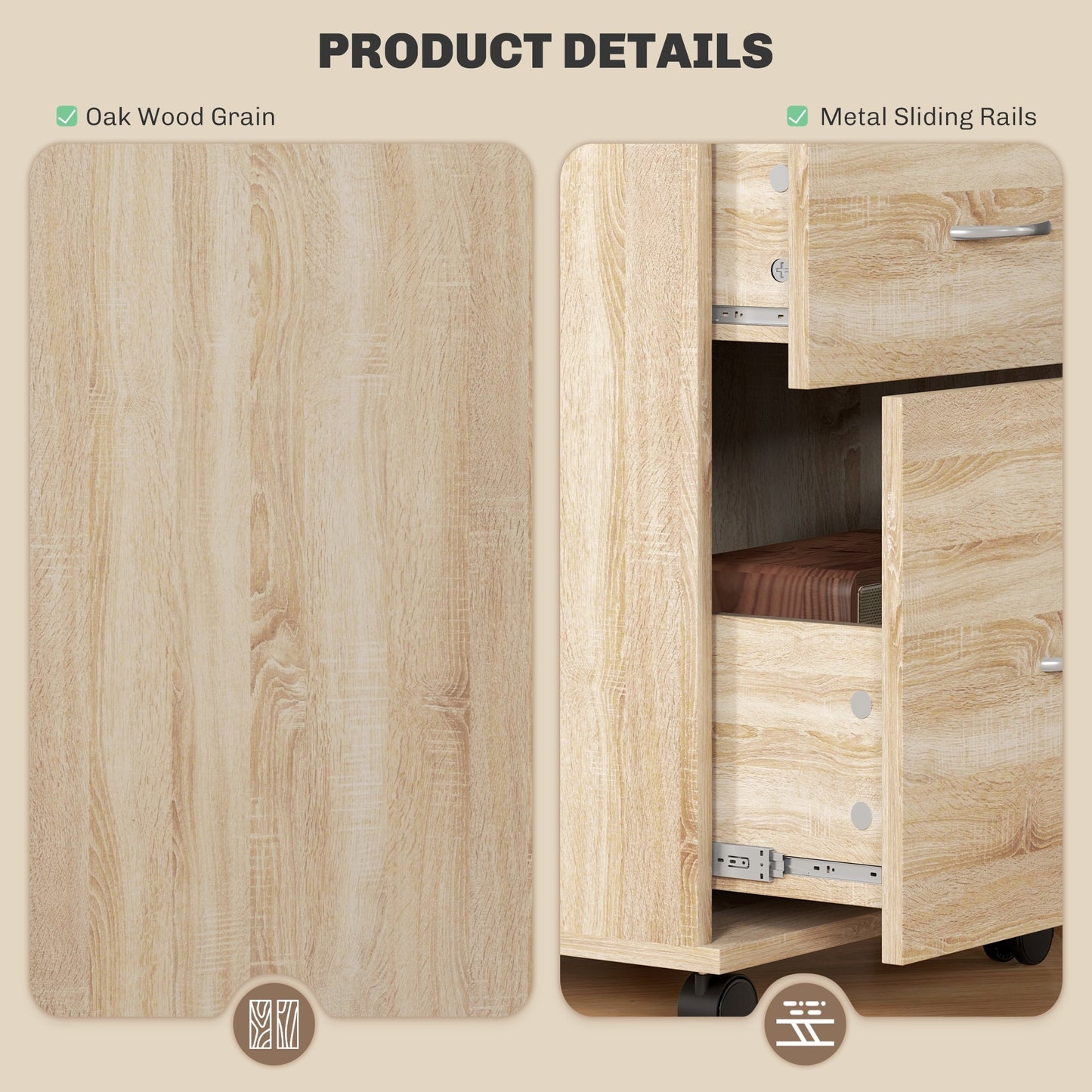 HOMCOM 2 Drawer Lockable Filing Cabinet with Wheels, Mobile Filing Cabinet for Home Office, Small Printer Stand, Oak Wood Grain