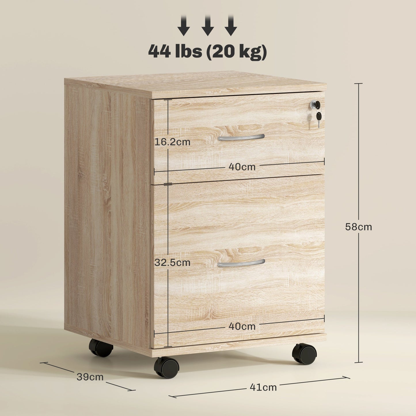 HOMCOM 2 Drawer Lockable Filing Cabinet with Wheels, Mobile Filing Cabinet for Home Office, Small Printer Stand, Oak Wood Grain
