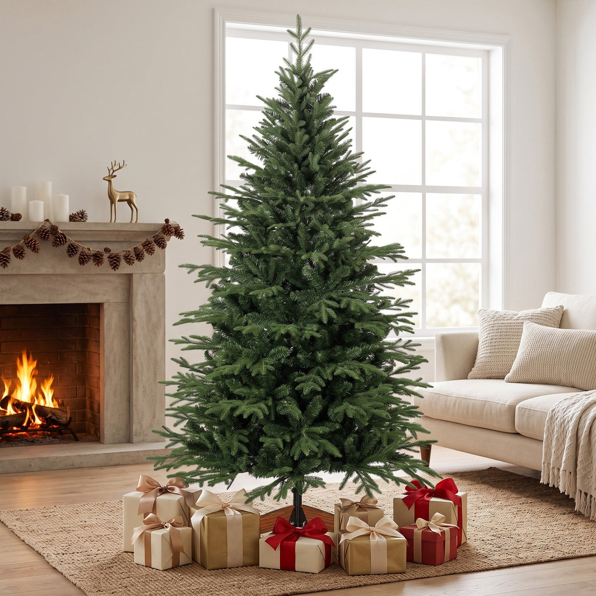 6ft Artificial Christmas Tree, Full Hinged Xmas Tree with 2081 PE & PVC Tips, Solid Pine Wood Stand for Home Office Holiday Decoration, Green