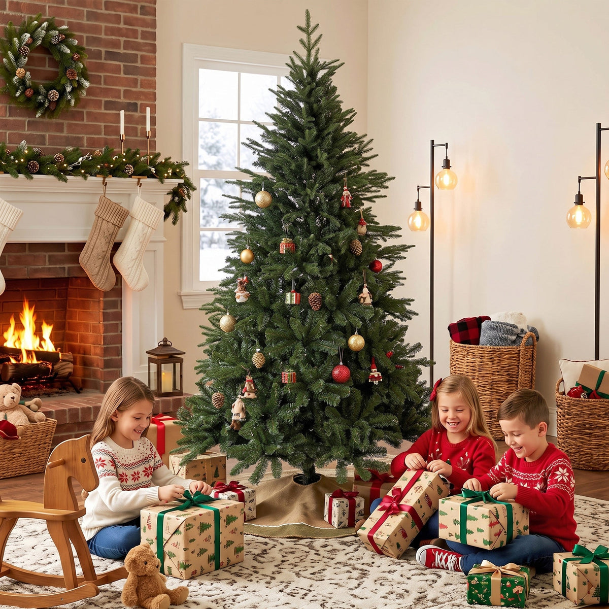 6ft Artificial Christmas Tree, Full Hinged Xmas Tree with 2081 PE & PVC Tips, Solid Pine Wood Stand for Home Office Holiday Decoration, Green
