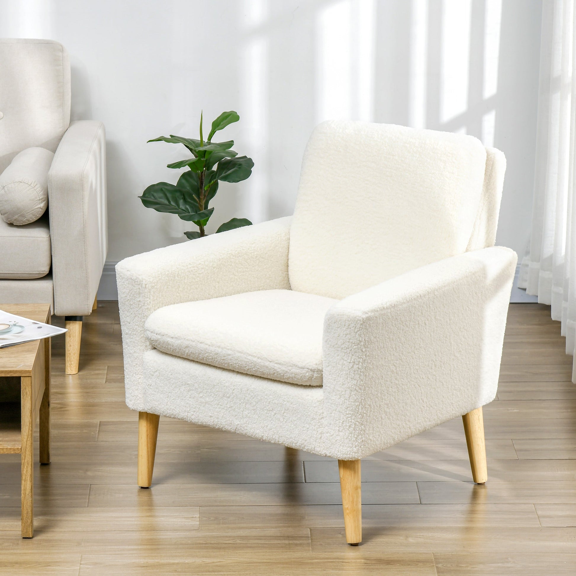 HOMCOM Armchair, Upholstered Accent Chair with Wood Legs and Wide Padded Seat, Teddy Occasional Chair, Cream White