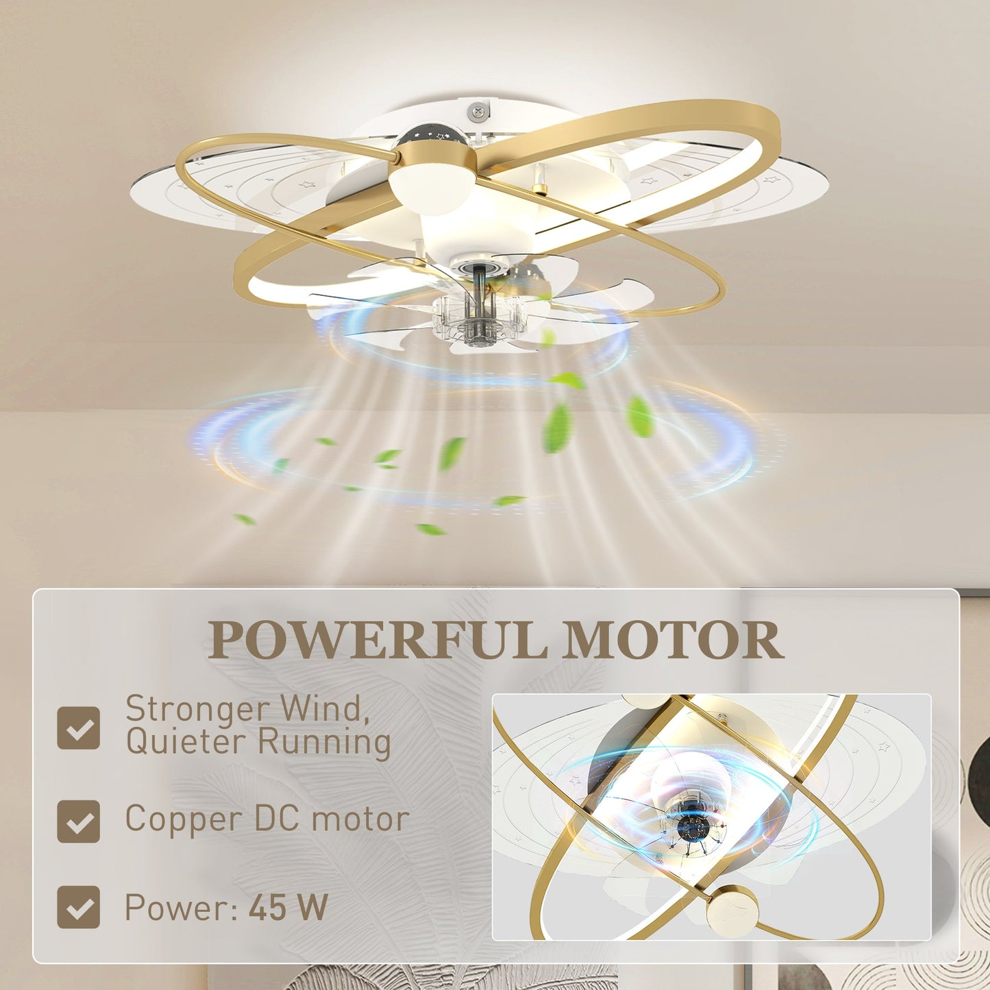 Ceiling Fans with Lights and Remote & App Control, 62 cm Modern LED Ceiling Fan Light with 3 Colour Temperatures, 6 Speed, Timer, Dimmable, Quiet Reversible DC Motor, for Bedroom, Gold Tone
