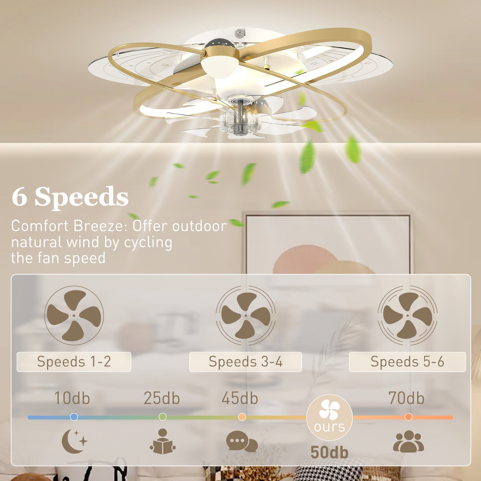 Ceiling Fans with Lights and Remote & App Control, 62 cm Modern LED Ceiling Fan Light with 3 Colour Temperatures, 6 Speed, Timer, Dimmable, Quiet Reversible DC Motor, for Bedroom, Gold Tone