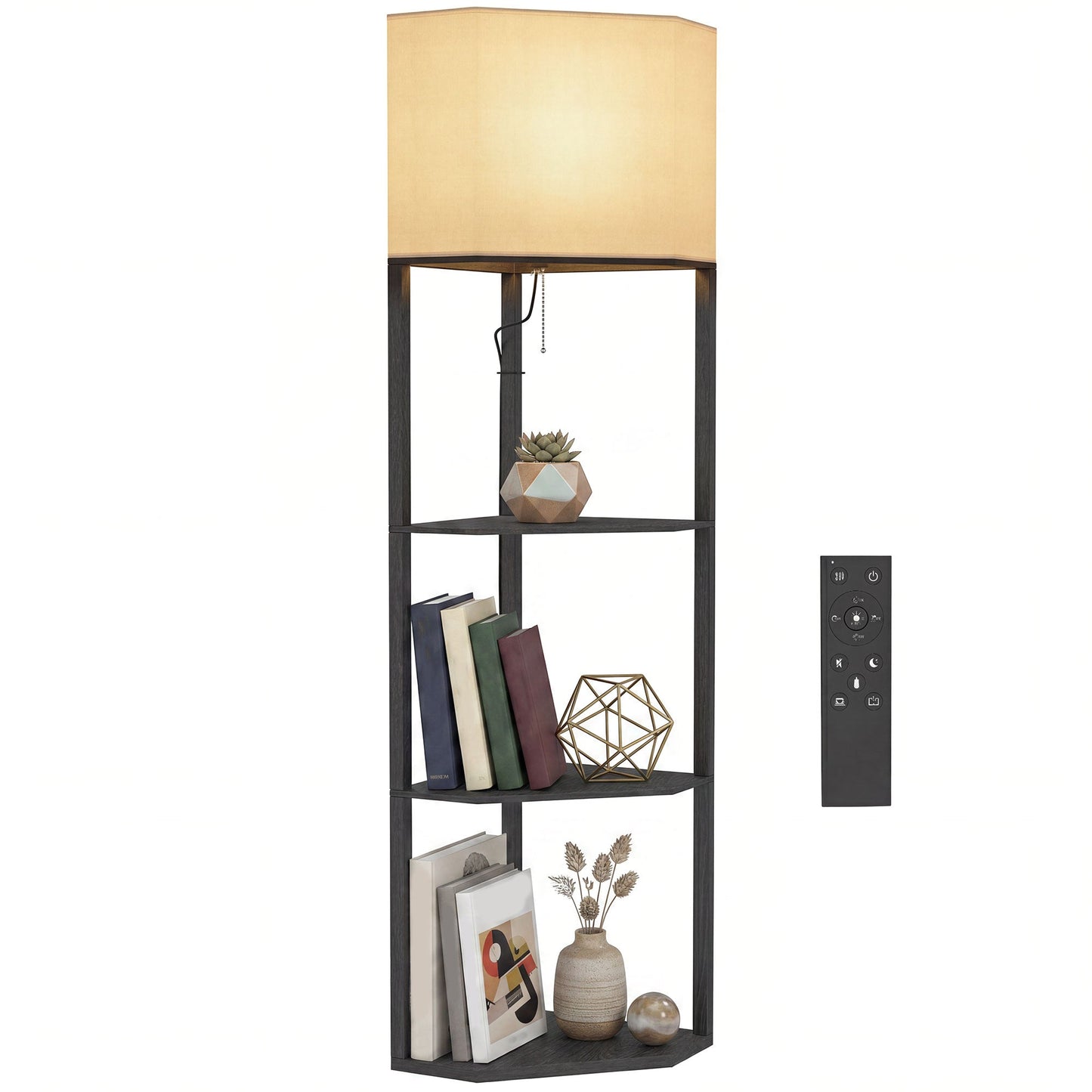 Corner Floor Lamp with Shelves and Lights, Modern Dimmable Standing Lamp with 3000K/4000K/6000K Colour Temperature, Chain Switch & Remote Control for Living Room, Bedroom, Black