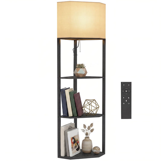 Corner Floor Lamp with Shelves and Lights, Modern Dimmable Standing Lamp with 3000K/4000K/6000K Colour Temperature, Chain Switch & Remote Control for Living Room, Bedroom, Black
