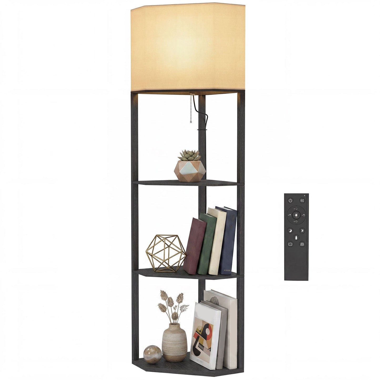 Corner Floor Lamp with Shelves and Lights, Modern Dimmable Standing Lamp with 3000K/4000K/6000K Colour Temperature, Chain Switch & Remote Control for Living Room, Bedroom, Black