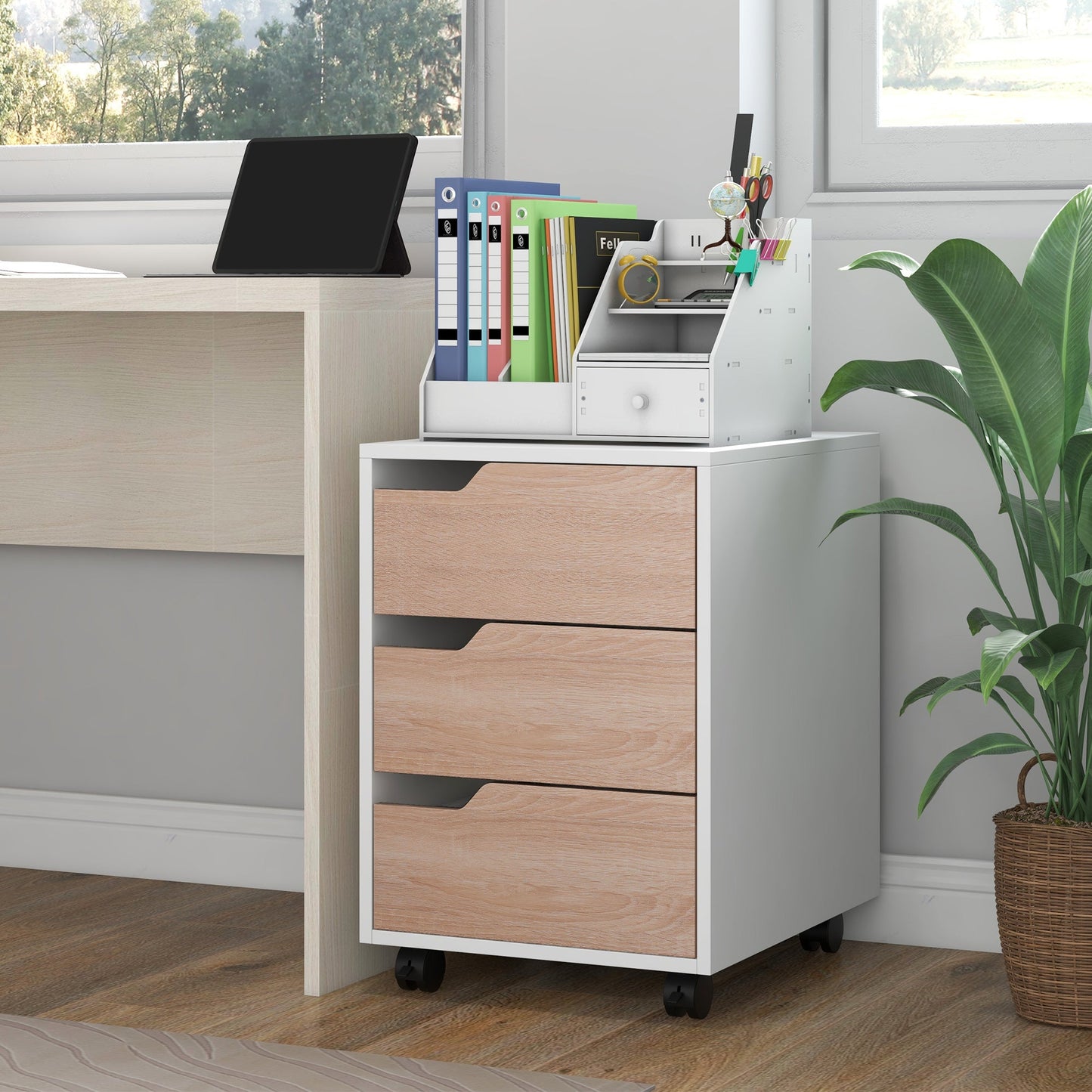 HOMCOM 3 Drawer Mobile File Cabinet, Vertical Filing Cabinet with Wheels for Home Office, Oak