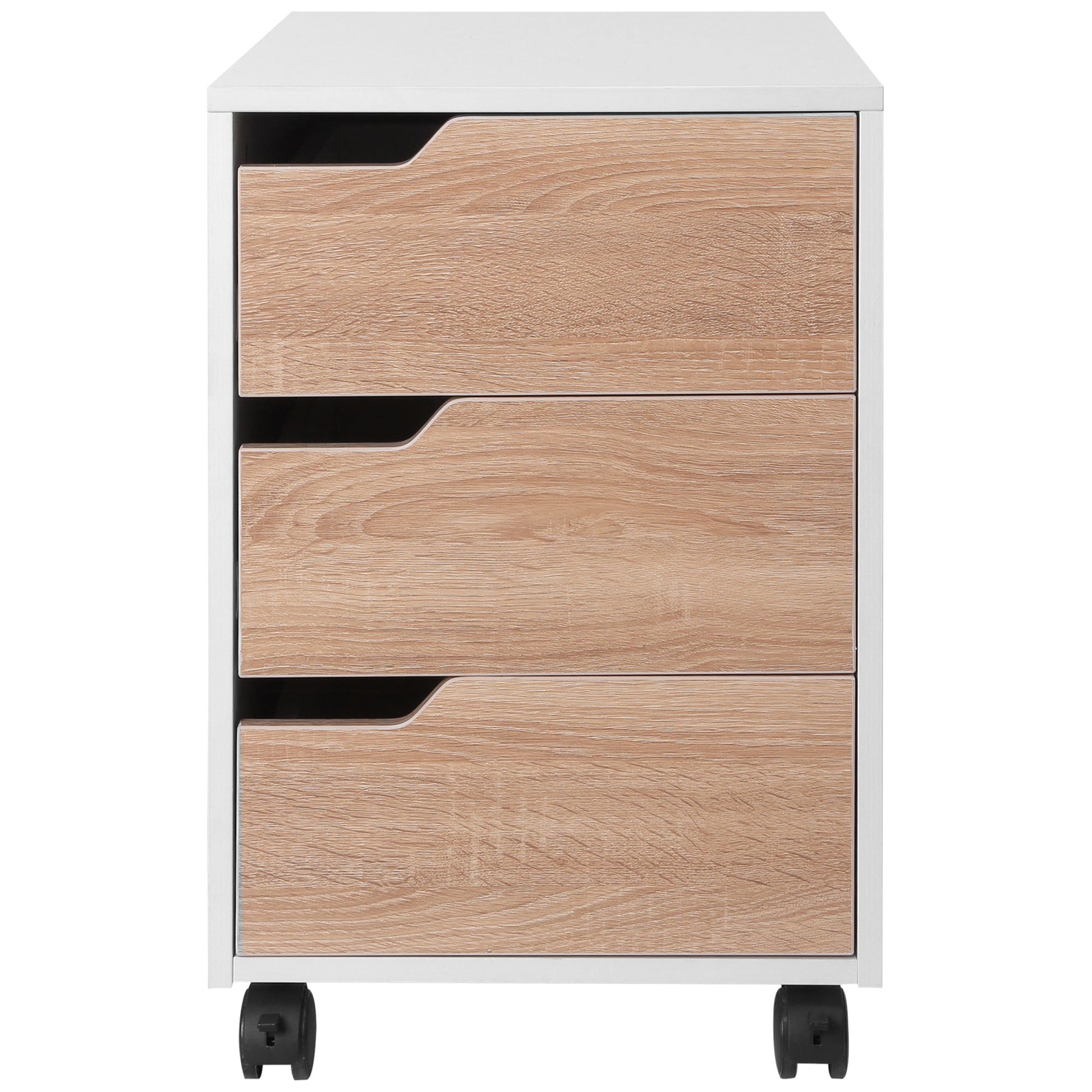 HOMCOM 3 Drawer Mobile File Cabinet, Vertical Filing Cabinet with Wheels for Home Office, Oak