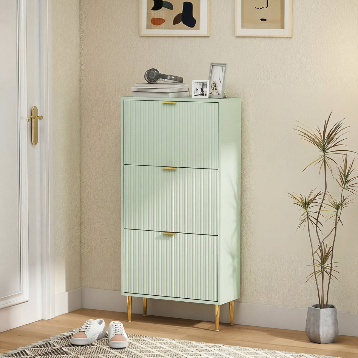 Narrow Shoe Cabinet with 3 Flip Drawers, Modern Slim Shoe Storage Cabinet with Fluted Doors and Adjustable Shelves for Hallway, Holds 9-18 Pairs, Light Green