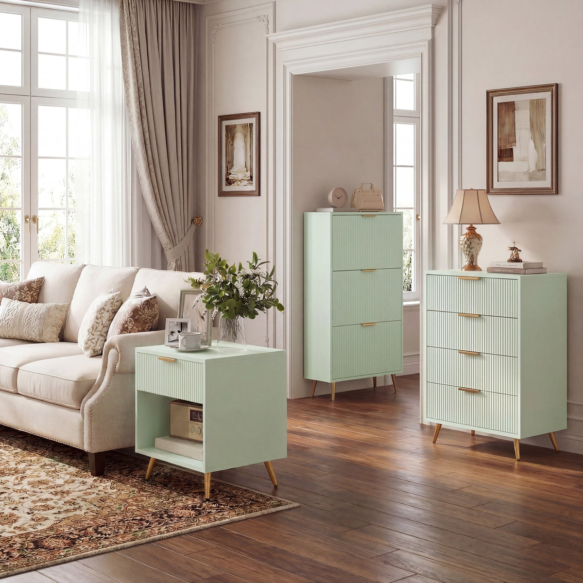 Narrow Shoe Cabinet with 3 Flip Drawers, Modern Slim Shoe Storage Cabinet with Fluted Doors and Adjustable Shelves for Hallway, Holds 9-18 Pairs, Light Green