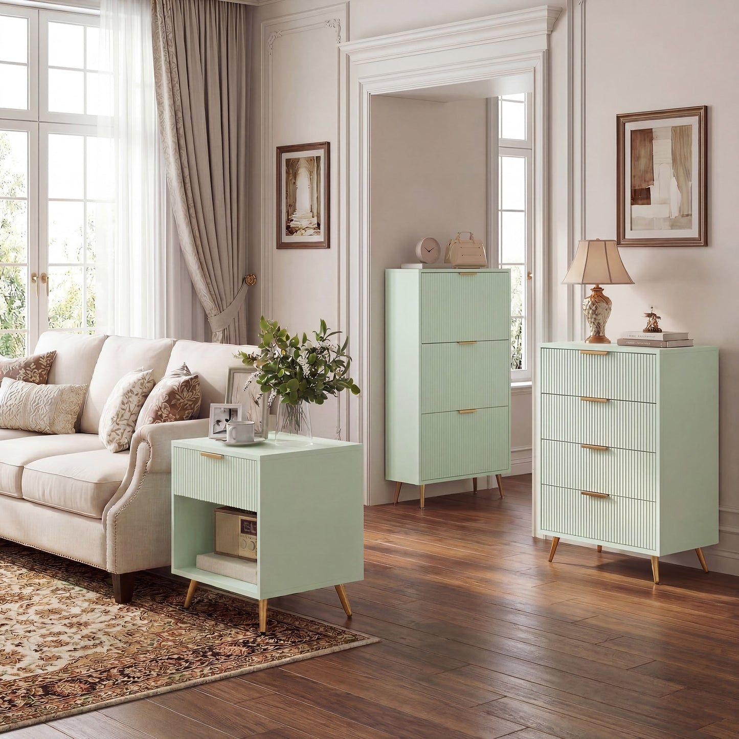 Narrow Shoe Cabinet with 3 Flip Drawers, Modern Slim Shoe Storage Cabinet with Fluted Doors and Adjustable Shelves for Hallway, Holds 9-18 Pairs, Light Green
