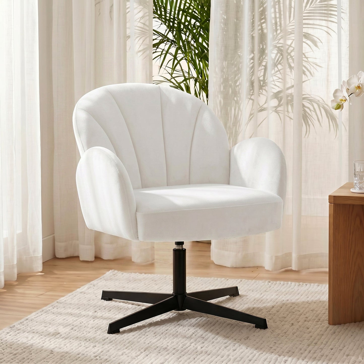 Swivel Accent Chair, Velvet-Feel Fabric Shell-Shaped Armchair with Spring Cushion, Metal Base, Modern Reading Chair for Living Room, Bedroom, Study, Makeup, Cream White