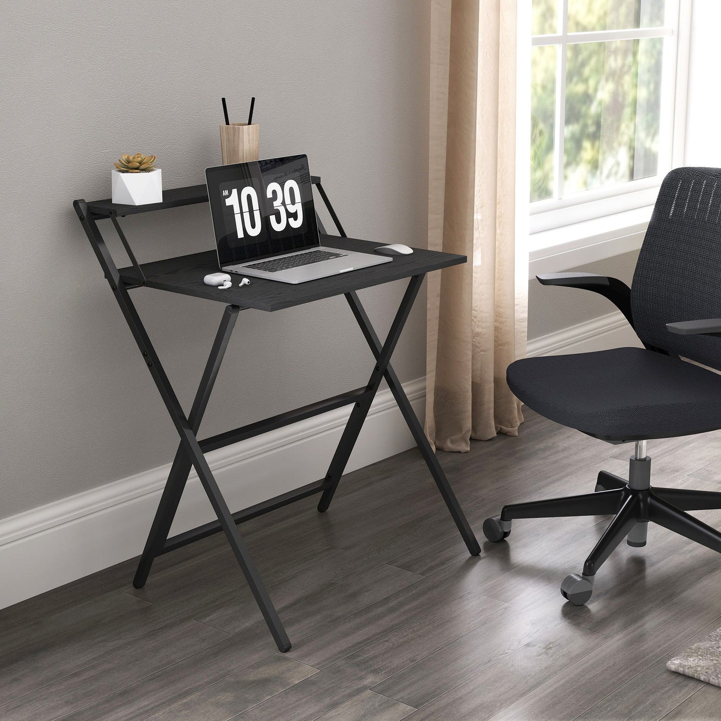 Folding Desk with Monitor Shelf, 70 cm Foldable Computer Desk for Small Spaces, Space Saving Writing Table Workstation for Home Office, Study, Easy Assembly, Black