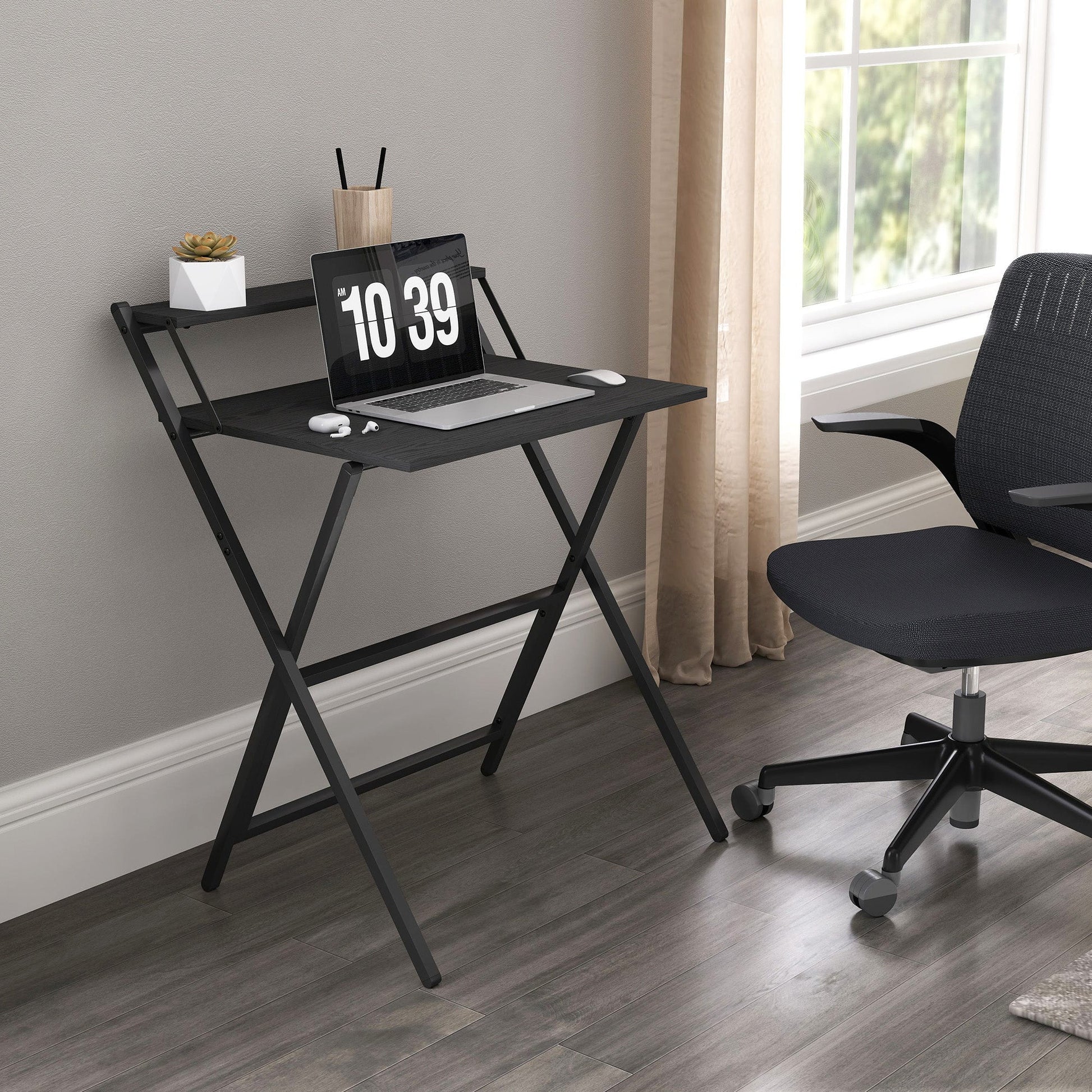 Folding Desk with Monitor Shelf, 70 cm Foldable Computer Desk for Small Spaces, Space Saving Writing Table Workstation for Home Office, Study, Easy Assembly, Black