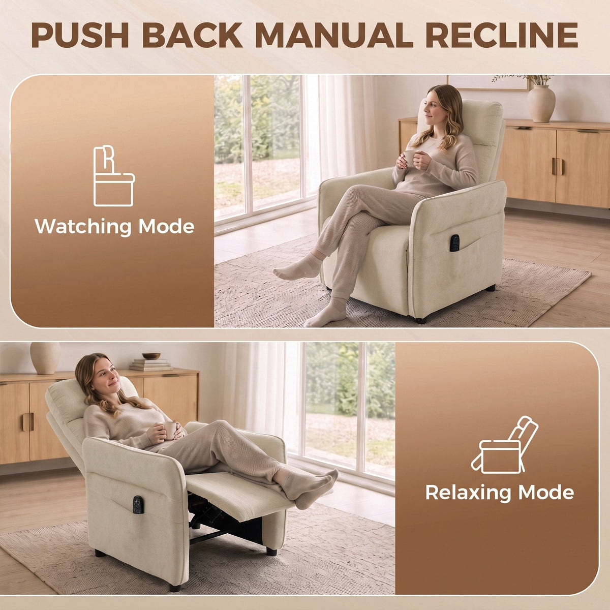 Recliner Armchair, Push Back Recliner Chair w/ Massage & Heat, Adjustable Armrests, Spring Seat, Terry Cloth Manual Reclining Single Sofa w/ Footrest, Side Pockets for Home Living Room, Beige