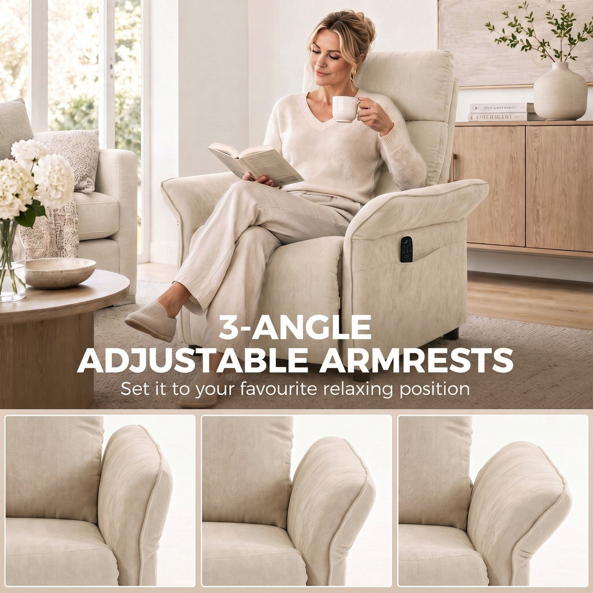 Recliner Armchair, Push Back Recliner Chair w/ Massage & Heat, Adjustable Armrests, Spring Seat, Terry Cloth Manual Reclining Single Sofa w/ Footrest, Side Pockets for Home Living Room, Beige